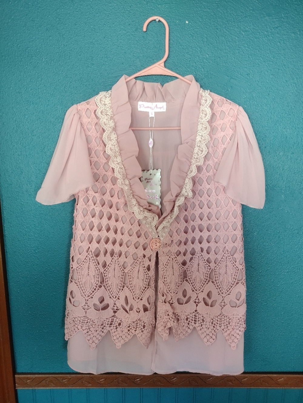 Pretty Angel Fairy Prairie Lolita Blush Pink Lace Crochet Short Sleeve Top